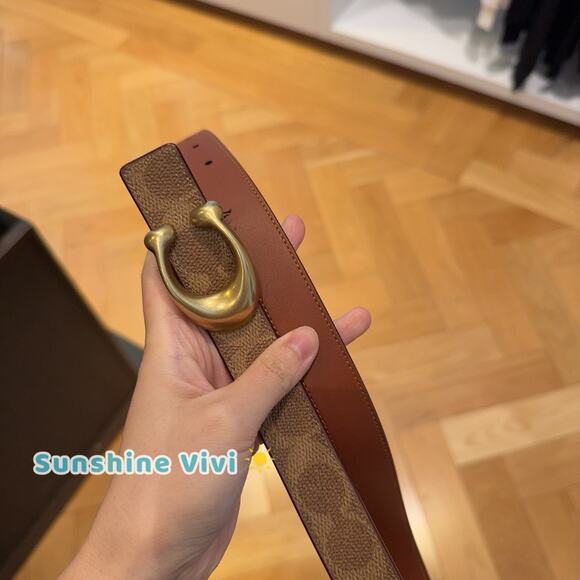 NWT COACH Women Brass/Tan Caramel Sculpted C Buckle Reversible Belt 25 Mm ceb69 main image 9